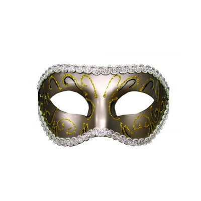 Grey masquerade mask with gold swirl detailing and silver trim, designed with eye cutouts and satin ribbon ties.