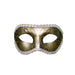 Grey masquerade mask with gold swirl detailing and silver trim, designed with eye cutouts and satin ribbon ties.