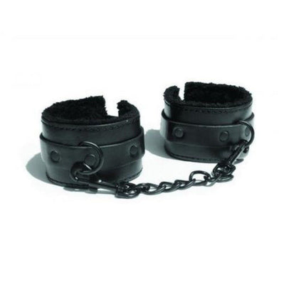 Black vegan leather handcuffs with soft black fur lining and a connecting chain, designed for comfort and style.