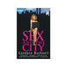Book cover of Sex and the City by Candace Bushnell featuring a woman with curly hair sitting with a laptop against a New York City skyline.