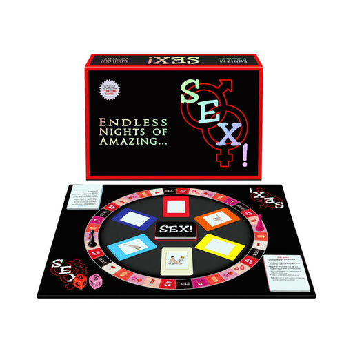 Sex! Board Game with colorful cards, game board, dice, and box featuring the tagline Endless Nights of Amazing.