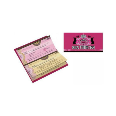 Playful Sex Checks book with pink and yellow themed IOU and UOME checks for couples to maintain balance in the bedroom.
