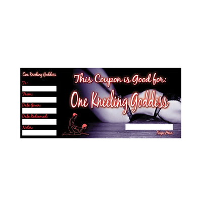 Romantic coupon titled One Kneeling Goddess with space for names, dates, notes, and a silhouette illustration.