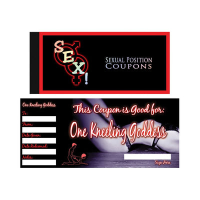 Set of sexual position coupons featuring a "One Kneeling Goddess" design with space for personalized notes and signatures.