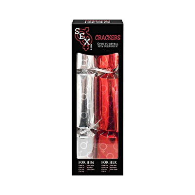 Sex Crackers Couples Game set with one silver and one red cracker in black packaging for playful intimate surprises.