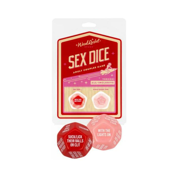 All-inclusive Sex Dice adult couples game with two large 12-sided dice in red and pink, packaged in a red and white box.