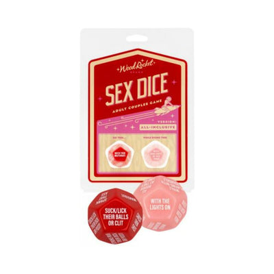 All-inclusive Sex Dice adult couples game with two large 12-sided dice in red and pink, packaged in a red and white box.
