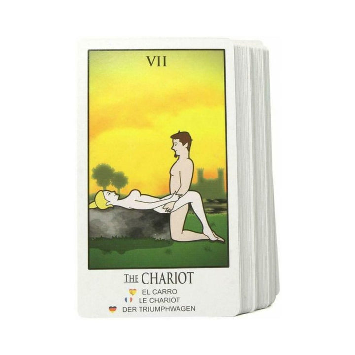 Stack of Sex Fortunes Tarot Cards for Lovers featuring The Chariot card with illustrated couple and sunset background.