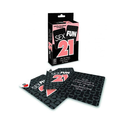 Sex Fun 21 adult card game box with black and pink design and sample cards featuring playful activity prompts.