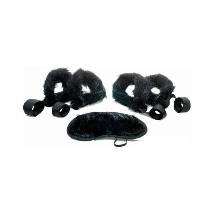 Five piece set of black faux mink fur adjustable restraints and matching blindfold on white background