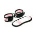 Pink satin and black trimmed adjustable wrist cuffs with matching pink satin blindfold.