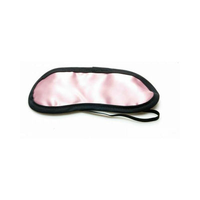 Pink satin eye mask with black trim and elastic strap for a comfortable fit.