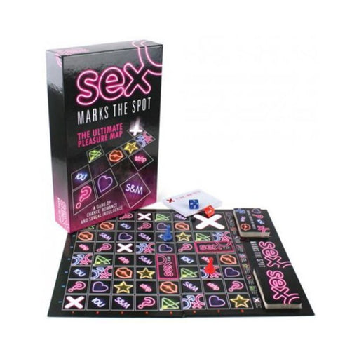 Sex Marks The Spot romantic board game with colorful symbol grid, dice, cards, and game pieces for couples.