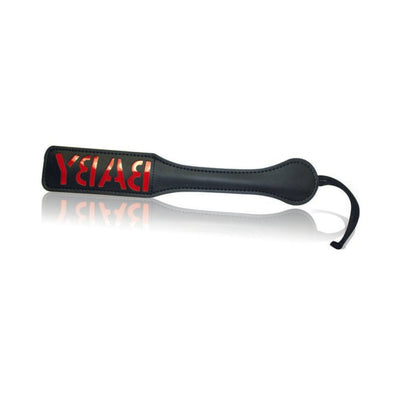 Black vinyl paddle with a 12-inch handle and wrist strap, featuring a reversed red BABY design for imprinting.