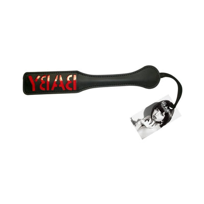 Black vinyl paddle with a 12-inch handle and reversed BABY text design, featuring a wrist strap and attached tag.
