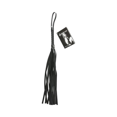 Black mini flogger whip with multiple soft vinyl tails and wrapped handle with wrist loop and attached product tag.
