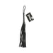Black mini flogger whip with multiple soft vinyl tails and wrapped handle with wrist loop and attached product tag.