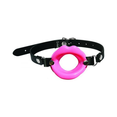 Adjustable black vegan leather strap mouth gag with bright pink open lips design and metal buckle closure.