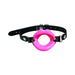 Adjustable black vegan leather strap mouth gag with bright pink open lips design and metal buckle closure.