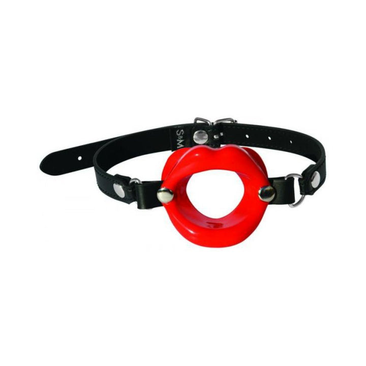 Adjustable black vegan leather strap with red open lips mouth gag and metal buckle closure.