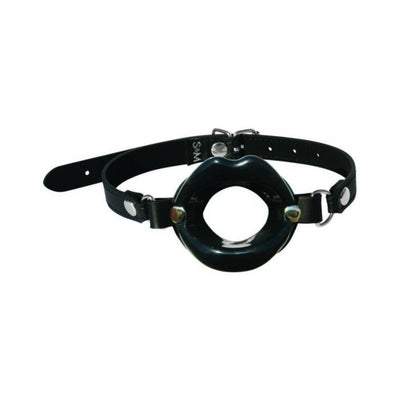 Black open mouth gag with adjustable vegan leather strap and metal buckle closure