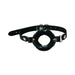 Black open mouth gag with adjustable vegan leather strap and metal buckle closure