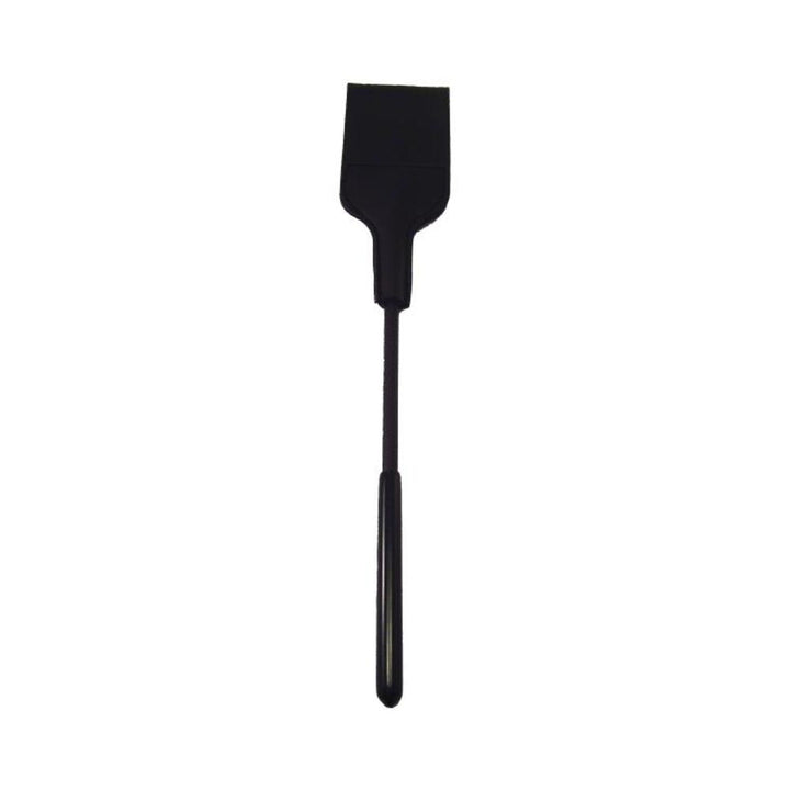 Black vinyl riding crop with a slim handle and flat tip for playful, discreet use.