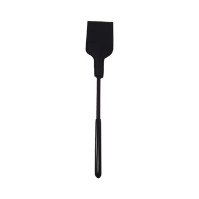 Black vinyl riding crop with a slim handle and flat tip for playful, discreet use.