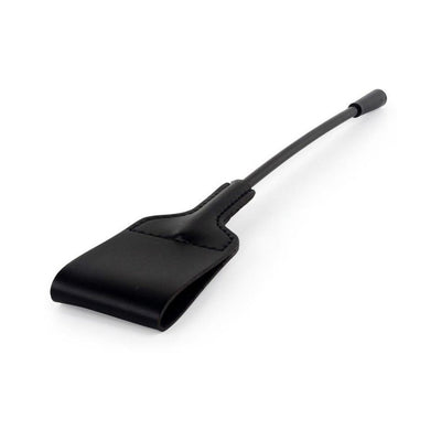 Black vinyl riding crop with a flexible shaft and a flat, wide tip for playful impact.