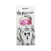 Packaging of Sex & Mischief Satin Hot Pink Blindfold featuring a black and white image of a woman wearing the hot pink satin blindfold.