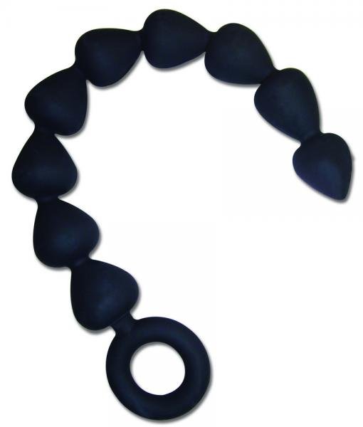 Black silicone anal beads with nine graduated heart-shaped beads and a circular pull ring for easy removal.