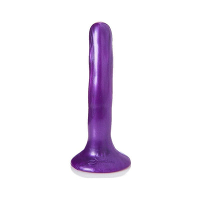 Purple silicone dildo with a smooth, slender design and flared base for secure use.