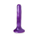 Purple silicone dildo with a smooth, slender design and flared base for secure use.