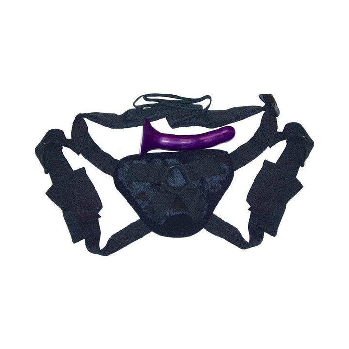 Black adjustable strap-on harness with a sleek purple silicone dildo, designed for beginner-friendly use.
