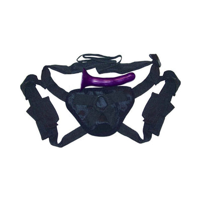 Black adjustable strap-on harness with a sleek purple silicone dildo, designed for beginner-friendly use.
