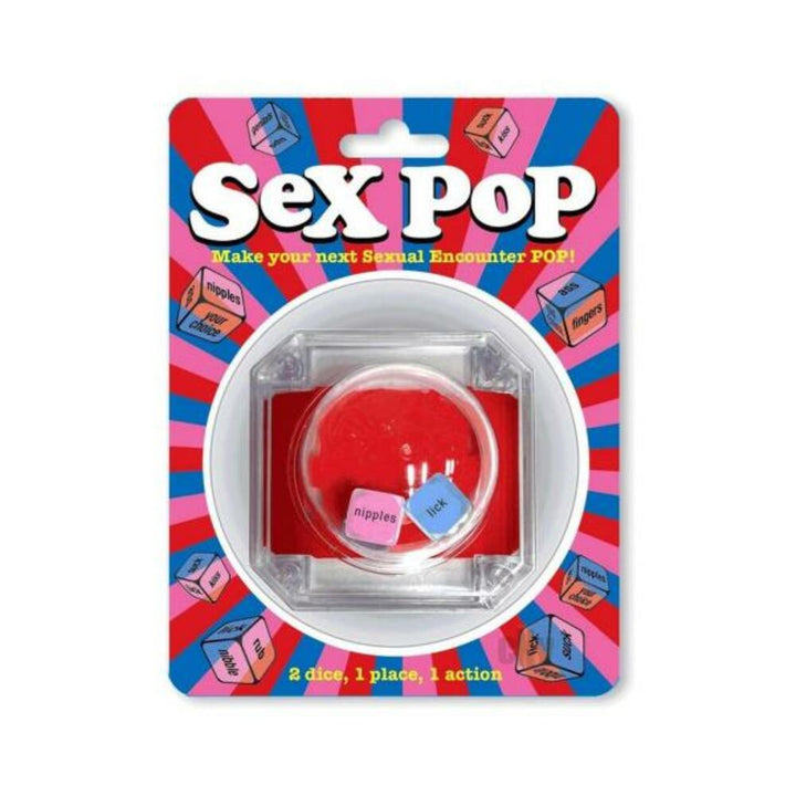 Sex Pop dice game packaging with two colorful dice featuring playful action and body part prompts for couples.