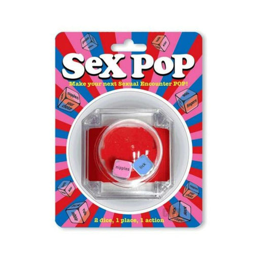 Sex Pop dice game packaging with two colorful dice featuring playful action and body part prompts for couples.