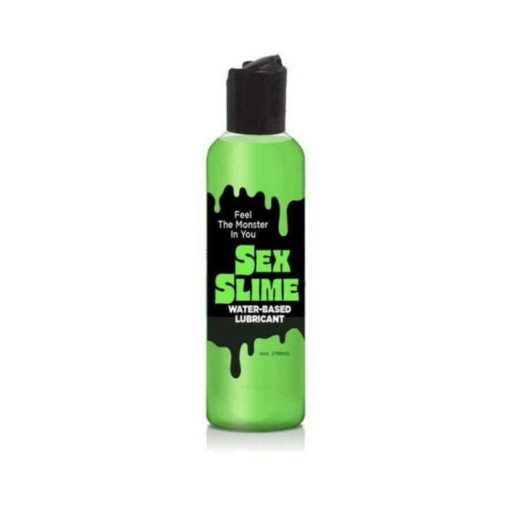Green bottle of Sex Slime water-based lubricant with black drip design and flip-top cap, 4 oz size.