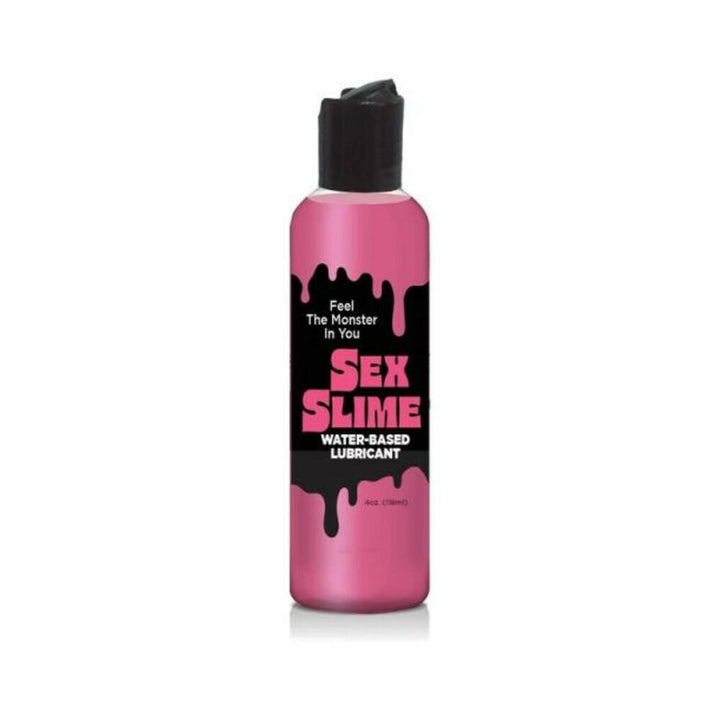 Pink bottle of Sex Slime water-based lubricant with black dripping design and flip-top cap.