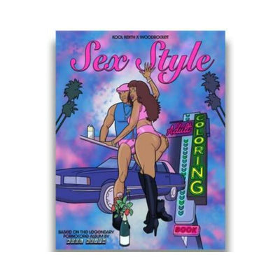 Cover of Sex Style adult coloring book featuring stylized illustration of a couple in retro attire by a car with neon sign and palm trees.