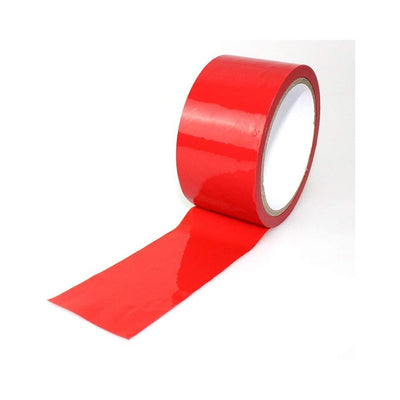 Roll of glossy red bondage tape partially unrolled on a white background, designed for restraint play.