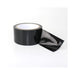 Roll of glossy black bondage tape with a loose end partially unrolled on a white background