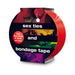 Packaging of sex ties and bondage tape with colorful intimate couple images and text highlighting tape that sticks to itself, not skin.