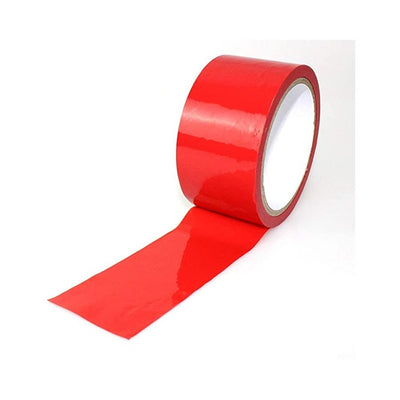 Roll of glossy red bondage tape partially unrolled on a white background.