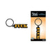 Black and gold glitter enamel keychain with bold lettering attached to a metal ring, shown on and off packaging.
