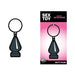 Gray enamel keychain shaped like a small butt plug on a pink and black backing card labeled Sex Toy Keychains.