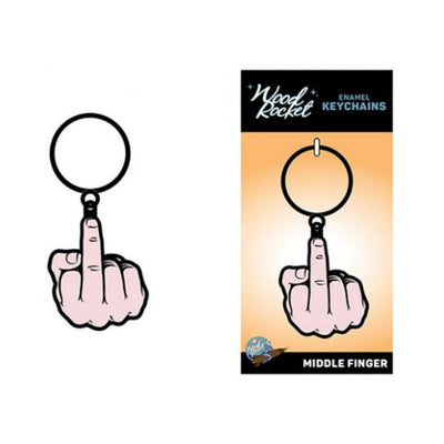 Peach-colored enamel keychain shaped like a hand showing the middle finger, displayed on Wood Rocket branded card.