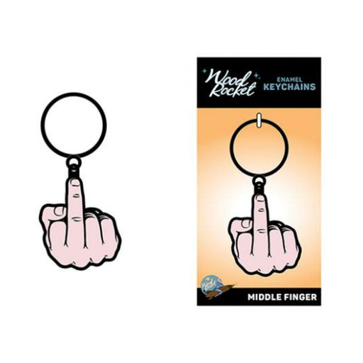 Peach-colored enamel keychain shaped like a hand showing the middle finger, displayed on Wood Rocket branded card.