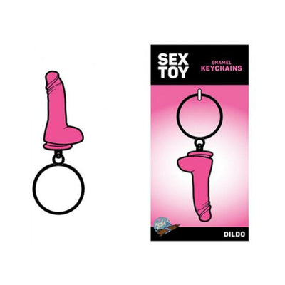 Pink enamel dildo-shaped keychain with black ring on a pink and black backing card labeled sex toy enamel keychains.