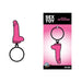 Pink enamel dildo-shaped keychain with black ring on a pink and black backing card labeled sex toy enamel keychains.
